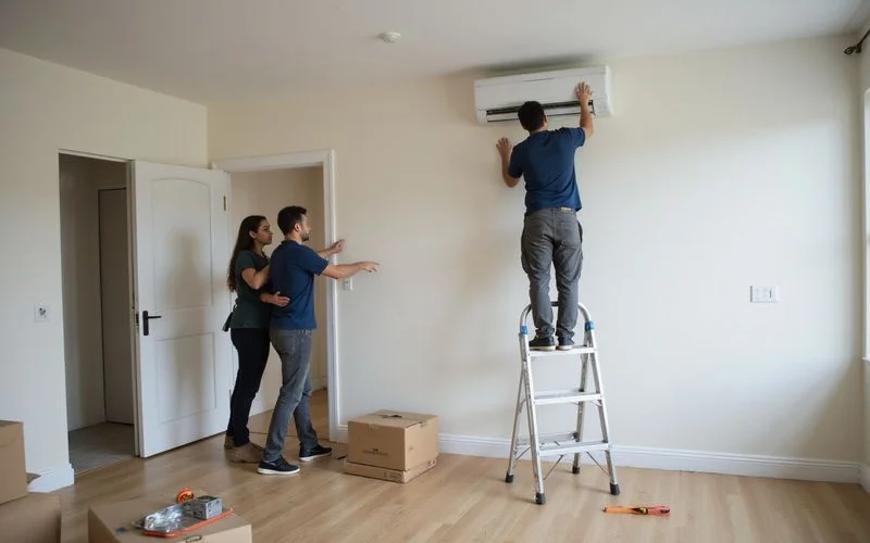 An aircon installer mounting an indoor split unit on a bedroom wall in a new Singapore flat, with piping route marked beside it