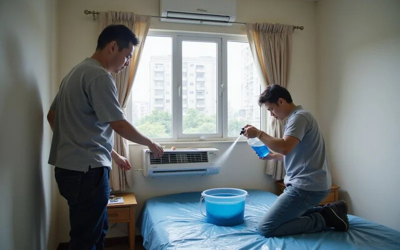 A technician cleaning the indoor unit of a wall-mounted split aircon in a Singapore flat, with a drop sheet laid across the floor
