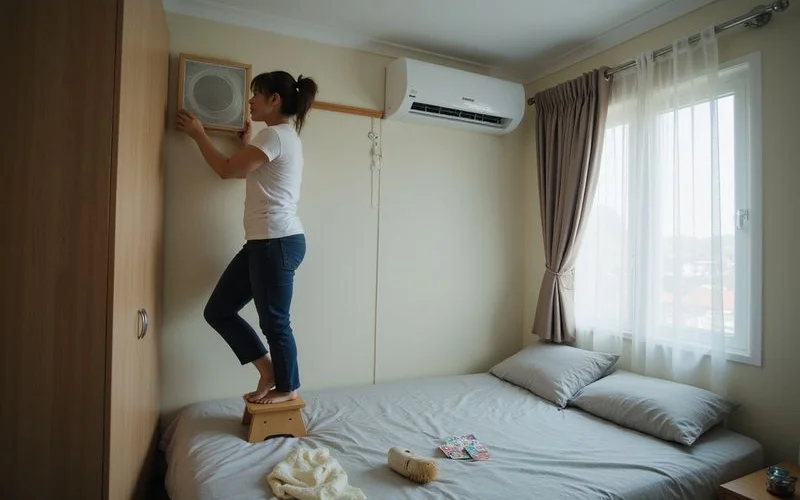 A homeowner removing the front panel of a wall-mounted aircon to pull out a dusty filter for washing