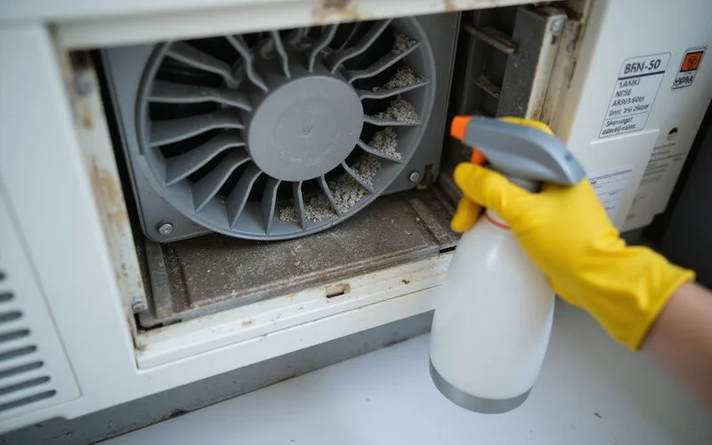 Dirty evaporator coil fins and a blower wheel with visible grey grime, shown beside a clean set for comparison
