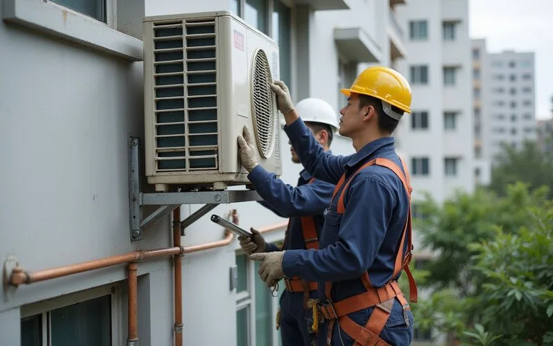 Installers fixing the outdoor condenser onto the A/C ledge of an HDB flat while another team member checks the pipe connections