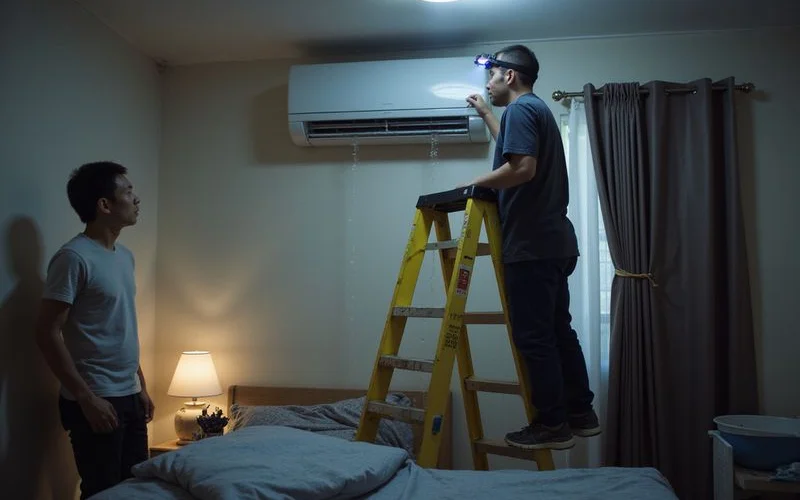 A homeowner holding a torch at night while checking a leaking indoor aircon unit with a bucket on the floor beneath it
