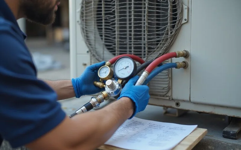 A technician reading pressure gauges connected to an aircon outdoor unit while the homeowner looks on