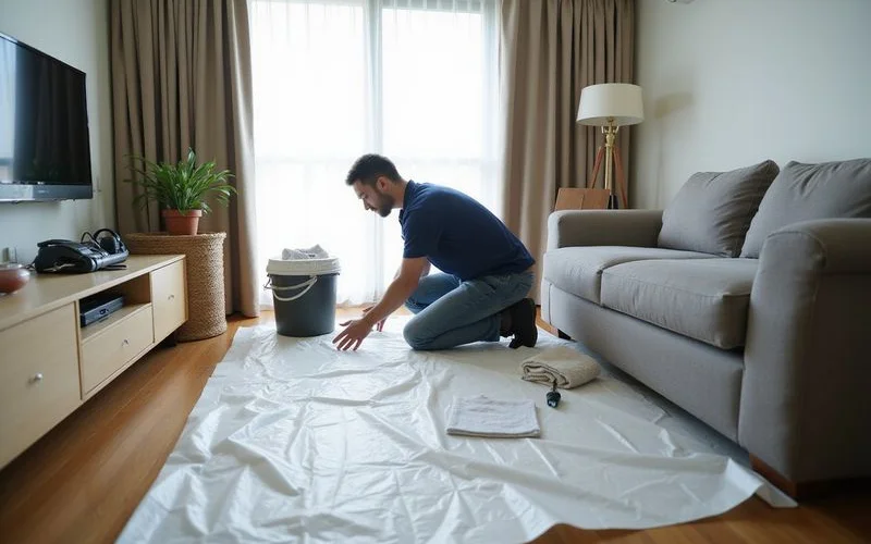 A technician laying a protective sheet beneath an indoor aircon unit before starting the clean, with a bucket and sprayer beside the ladder